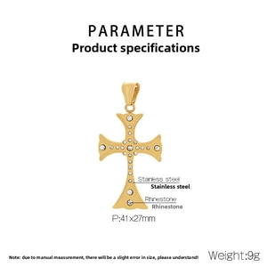 Detail view of gold stainless steel cross pendant with rhinestones measuring 41x27mm