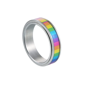Silver stainless steel spinner ring with rainbow textured band from a 45-degree angle
