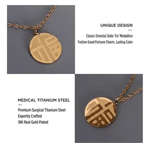 Macro detail of 18K gold-plated titanium steel necklace with Fu character pendant