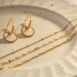 Three-layer 18k gold plated stainless steel necklace set with white shell earrings