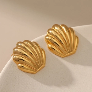 Orecchini A Lobo Conchiglia Rame Placcato Oro 18K Geometrico Texture Vintage Stile Marino Minimalista Donne