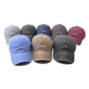Classic washed cotton baseball caps with wave embroidery in multiple vintage colors