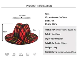Size chart for wool fedora with red plaid pattern showing dimensions and specifications