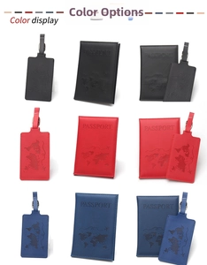 Travel set showing PU leather passport covers and luggage tags in black, red, and blue