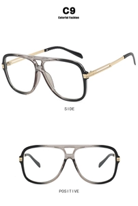 Detail of square double bridge sunglasses showing side and front views in black and gold