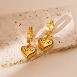 Vintage 18k gold plated stainless steel heart earrings with star zircon inlays on stone