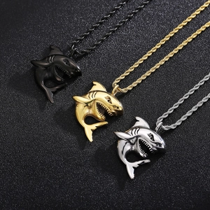 Shark pendant necklaces in black, gold, and silver finishes with rope chains