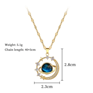 Detail view of gold titanium necklace showing dimensions and starry planet pendant details