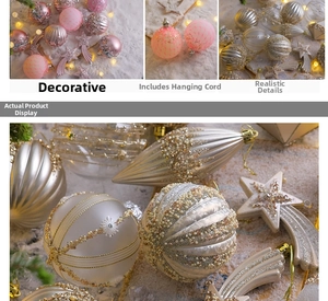 Detail of glitter Christmas ornaments featuring faux pearls and gold spiral patterns