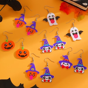 Halloween acrylic earring set with cartoon ghost and pumpkin designs on orange backdrop