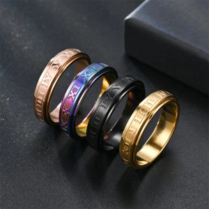 Close-up of four rotating stainless steel rings with Roman numerals in diverse finishes