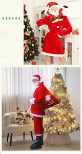 Detail of red velvet Christmas costumes for adults including a Santa suit and a lady dress