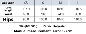 Size guide for women's wool pants with waist and hip measurements in centimeters
