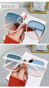Detail of off-white square sunglasses with blue-pink gradient lenses and metal hinges