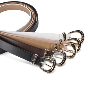 Set of 5 vintage buckle slim belts for women in black, brown, khaki, nude and white leather