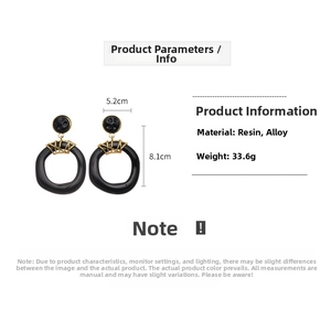 Macro detail of black resin geometric earrings with size 5.2cm x 8.1cm and 33.6g weight