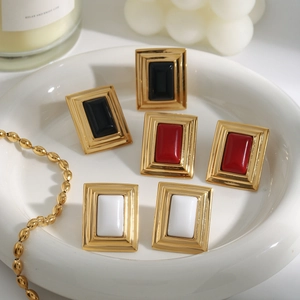Vintage 18K gold plated stainless steel ribbed earrings with colorful square stones