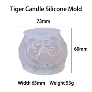 Detail view of tiger silicone candle mold showing dimensions 60mm height and 65mm width