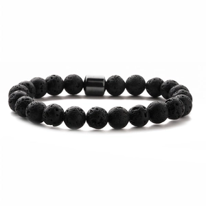 Men's 8mm black volcanic lava stone beaded bracelet with polished hematite spacer