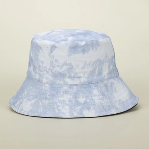 Blue and white tie-dye bucket hat for summer sun protection made of thick cotton canvas