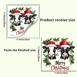 Christmas cow wall sticker showing sheet size 29x29cm and final application view