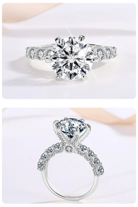 Macro view of six-prong S925 silver moissanite ring with side accent stones
