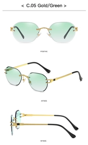 Detail view of gold rimless sunglasses with green gradient lenses from multiple angles