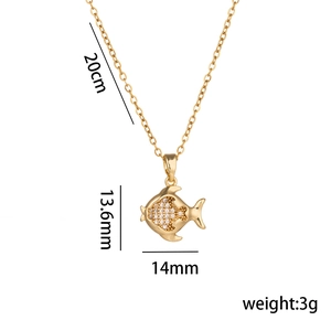 Golden fish necklace with sparkling zircon pendant and detailed size measurements