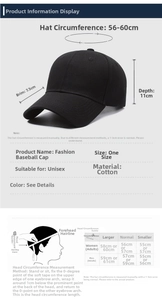 Size guide for cotton baseball cap showing 56-60cm circumference and measurement steps