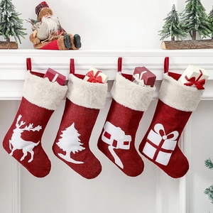 Christmas Stockings Linen Non-Woven Fabric Short Plush Hanging Gift Candy Bags Reindeer Tree House Patterns Festival Decor