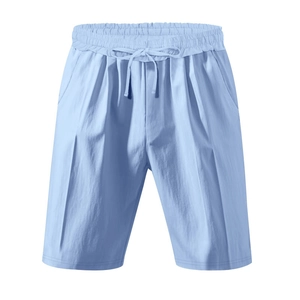 Detail of light blue linen shorts with adjustable drawstring waist and side pockets