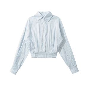 Detail of blue and white striped long sleeve shirt with lapel collar and elastic waist
