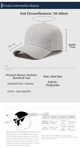 Size chart showing baseball cap dimensions with 56-60cm circumference and polyester material