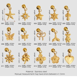 Detailed size and weight specs for 15 gold stainless steel charms with varied shapes