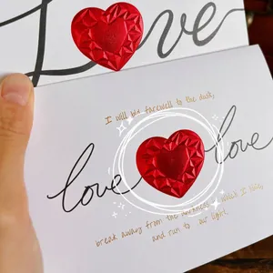 3D red geometric heart card with romantic poem and Love typography on white background