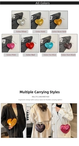 Detailed view of heart-shaped acrylic evening bag in seven metallic candy colors with chain