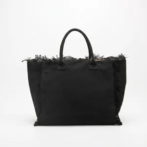 Large Capacity Canvas Tote Bag Frayed Fringe Edge Minimalist Shoulder Handbag Women Fashion Commuting School