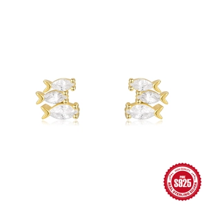 Gold S925 sterling silver fish stud earrings with marquise-cut sparkling zircon stones