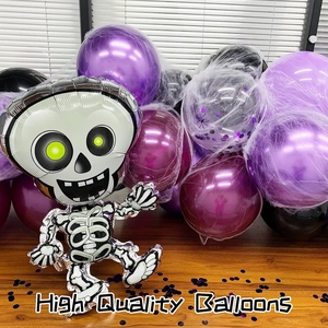 Halloween balloon arch kit with skull foil balloons, purple and black latex balloons