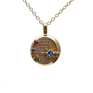Star-pattern gold pendant necklace with colorful gems and blue center stone