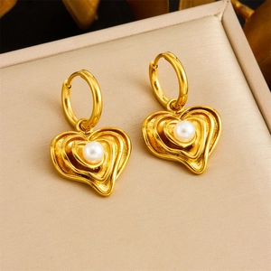 Heart Artificial Pearl Pendant Earrings Gold Plated Stainless Steel Irregular Multi Layer Vintage Style For Women Elegant