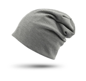 Detail shot of mid-grey waffle knit texture on a slouchy beanie for men and women