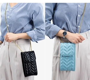 Diamond quilted leather mobile phone bag with golden chain strap in black and light blue