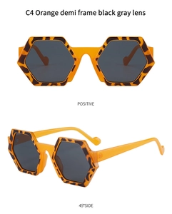 Polygonal orange demi sunglasses with black gray lenses shown from front and side angles