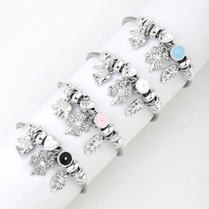 Chic silver beaded charm bracelets featuring blue, white, pink and black enamel pendants
