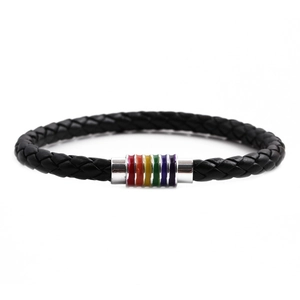 Bracelet pour Hommes en Cuir Véritable Tressé Fermoir Magnétique en Acier Inoxydable Émail Arc-en-Ciel Chiffres Romains Bracelet Bijoux