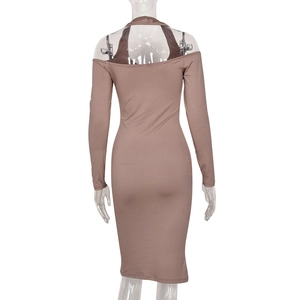 Detail view of mocha halter neck bodycon dress featuring backless cutout and slim fit design