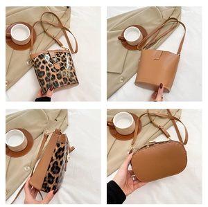 Detailed views showing leopard print bucket bag with brown PU leather and PVC panels