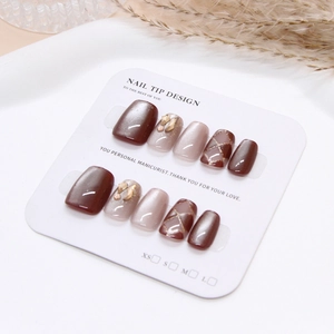 Cat eye and grid design handmade press-on nails in autumn brown and grey tones