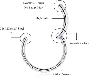 Features of 316L surgical steel seamless hoop ring with cubic zirconia and high polish
